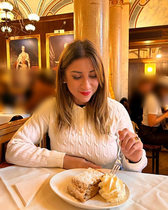 Una fetta di strudel con panna in un caffè storico