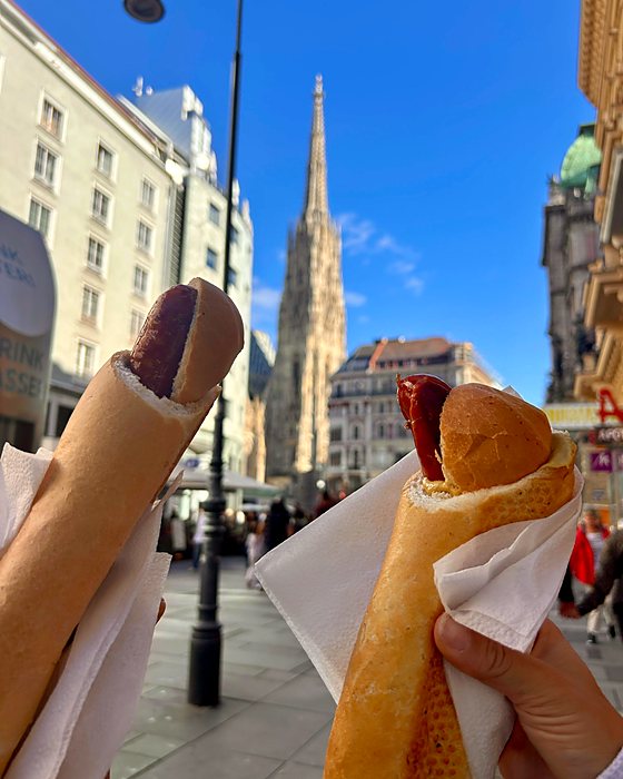 Due hot dog viennesi con lo Stephansdom sullo sfondo